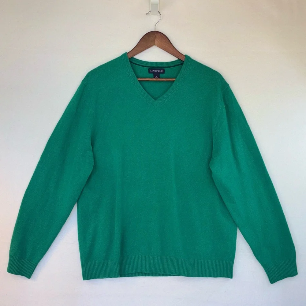 LAND'S END‎ Men's Cashmere Sweater Emerald Green V-Neck Pullover Long Large